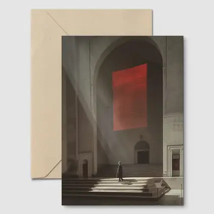 Lone Figure Red Banner Cathedral Interior