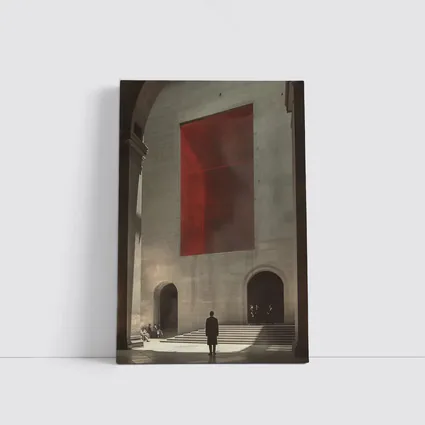 Man Standing Before Red Geometric Installation