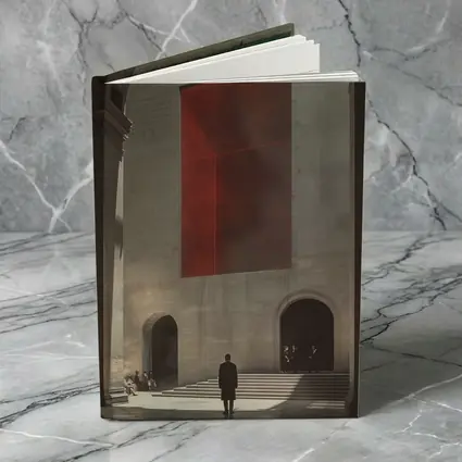 Man Standing Before Red Geometric Installation