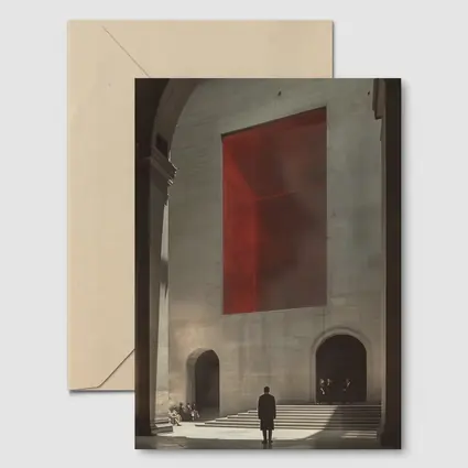 Man Standing Before Red Geometric Installation