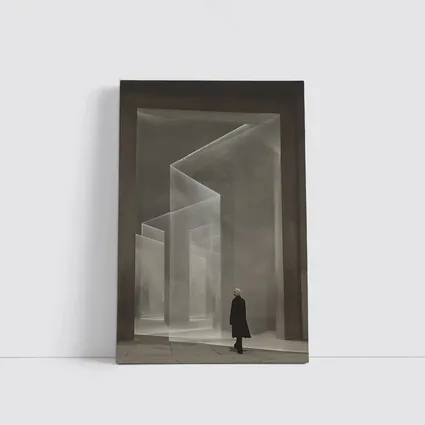 Lone Figure Ghostly Architectural Forms Minimalist