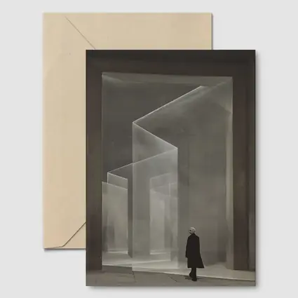 Lone Figure Ghostly Architectural Forms Minimalist