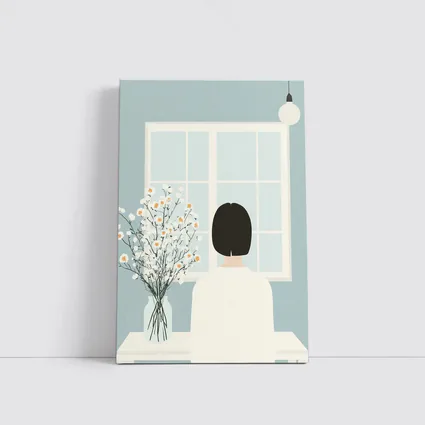 Woman Looking Out Window With Flowers