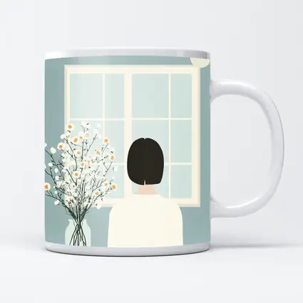 Woman Looking Out Window With Flowers