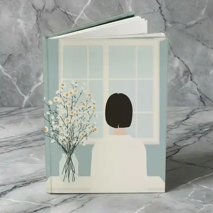 Woman Looking Out Window With Flowers