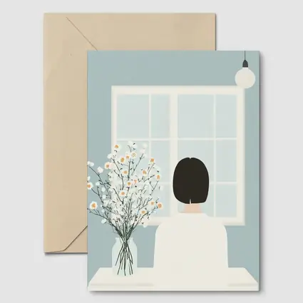 Woman Looking Out Window With Flowers