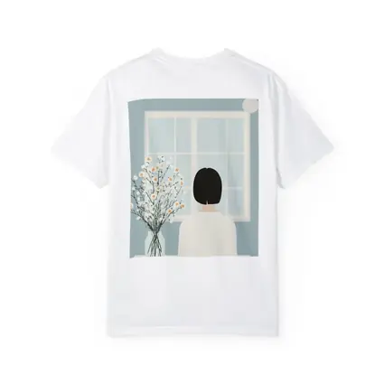 Woman Looking Out Window With Flowers
