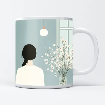 Minimalist Girl White Flowers Blue Room