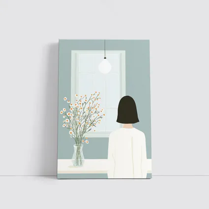 Woman By Window Daisy Flowers Illustration