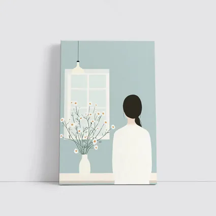 Woman by Window with Daisy Flowers Illustration