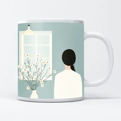 Woman by Window with Daisy Flowers Illustration