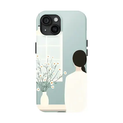 Woman by Window with Daisy Flowers Illustration