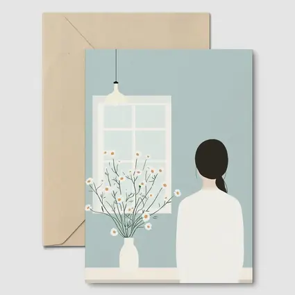Woman by Window with Daisy Flowers Illustration