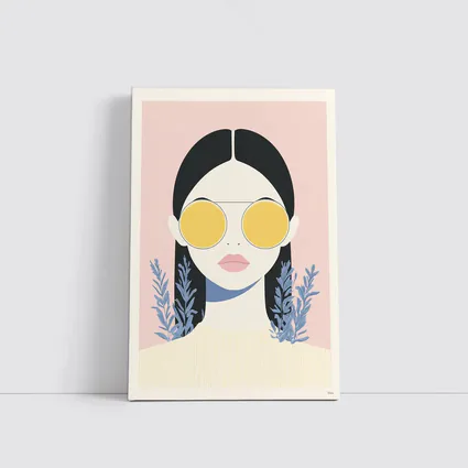 Minimal Woman Portrait Yellow Sunglasses Pink Background