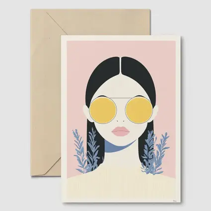 Minimal Woman Portrait Yellow Sunglasses Pink Background