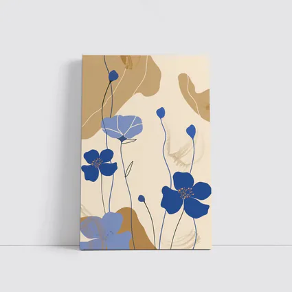 Blue Poppy Flowers Beige Abstract Botanical Art