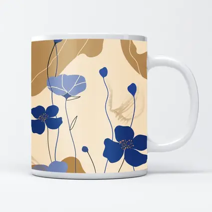 Blue Poppy Flowers Beige Abstract Botanical Art