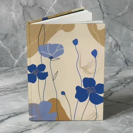 Blue Poppy Flowers Beige Abstract Botanical Art
