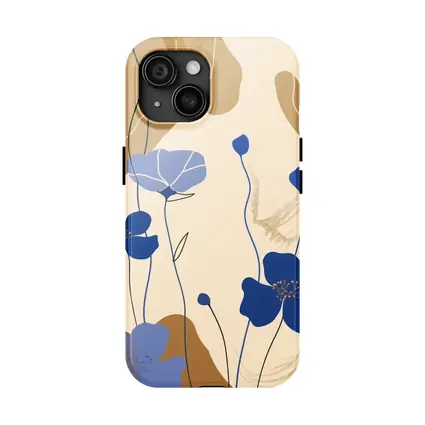 Blue Poppy Flowers Beige Abstract Botanical Art