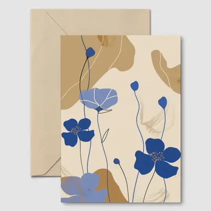 Blue Poppy Flowers Beige Abstract Botanical Art