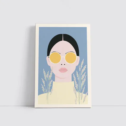 Minimalist Woman Portrait Yellow Sunglasses Blue Background