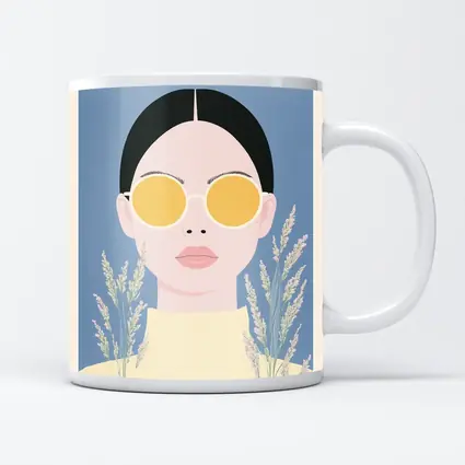 Minimalist Woman Portrait Yellow Sunglasses Blue Background