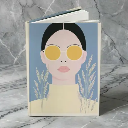 Minimalist Woman Portrait Yellow Sunglasses Blue Background