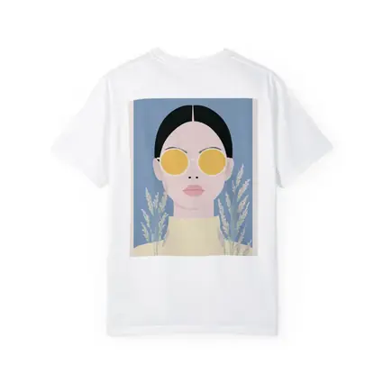 Minimalist Woman Portrait Yellow Sunglasses Blue Background