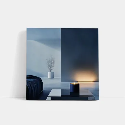 Minimal Dark Blue Room Glowing Candle