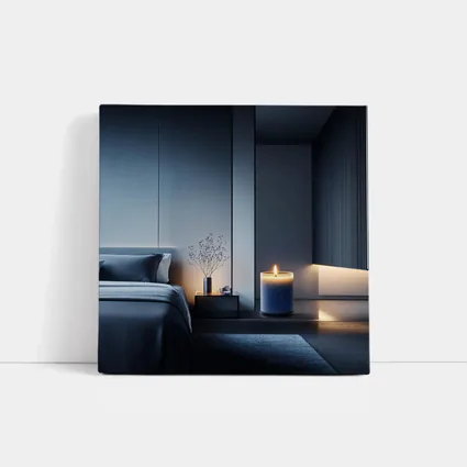 Blue Candle Glowing in Dark Modern Bedroom