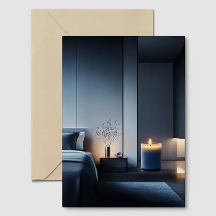 Blue Candle Glowing in Dark Modern Bedroom