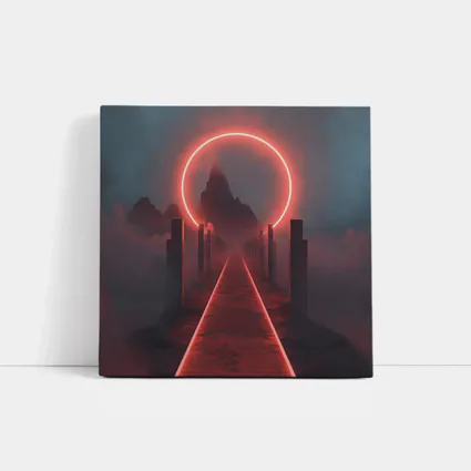 Red Neon Circle Portal Misty Mountain Path