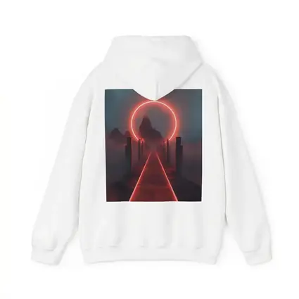 Red Neon Circle Portal Misty Mountain Path