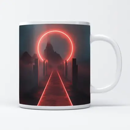 Red Neon Circle Portal Misty Mountain Path