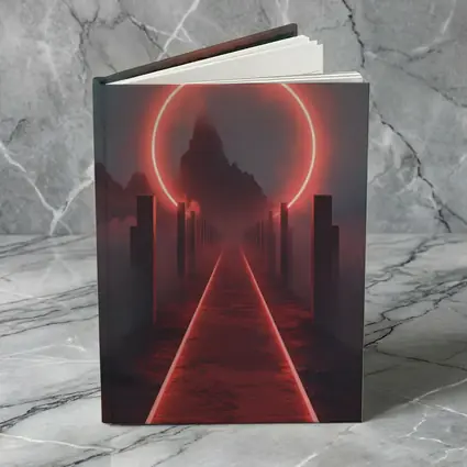 Red Neon Circle Portal Misty Mountain Path