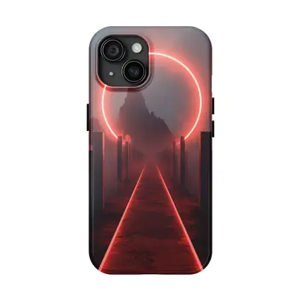 Red Neon Circle Portal Misty Mountain Path