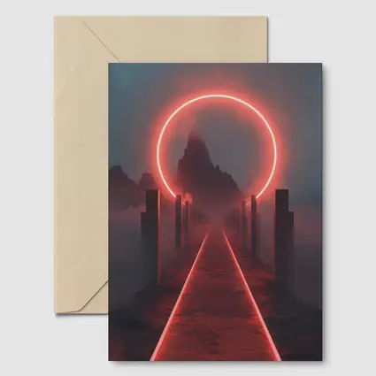 Red Neon Circle Portal Misty Mountain Path