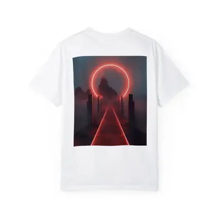 Red Neon Circle Portal Misty Mountain Path