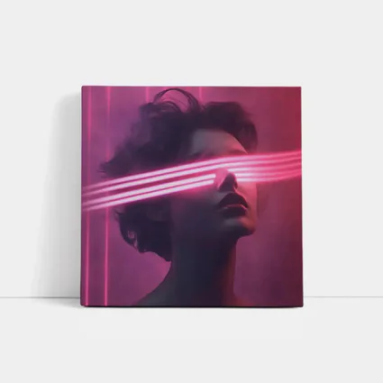 Woman With Neon Laser Beams Pink Background