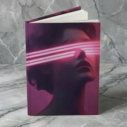 Woman With Neon Laser Beams Pink Background