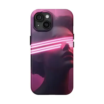 Woman With Neon Laser Beams Pink Background