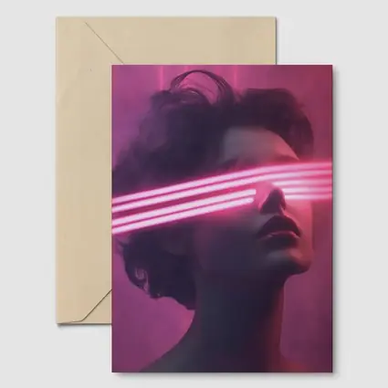 Woman With Neon Laser Beams Pink Background