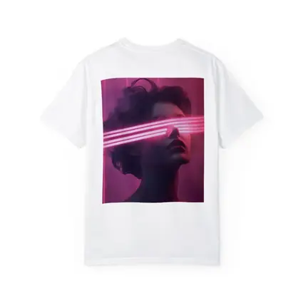 Woman With Neon Laser Beams Pink Background