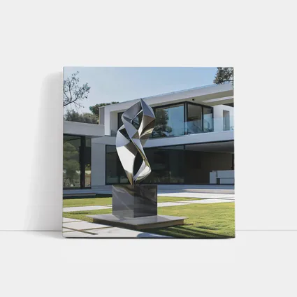 Abstract Geometric Silver Sculpture Modern House Garden
