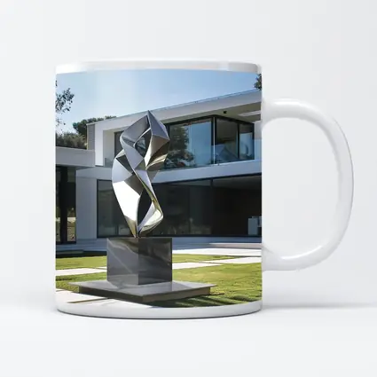 Abstract Geometric Silver Sculpture Modern House Garden