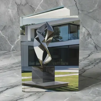 Abstract Geometric Silver Sculpture Modern House Garden