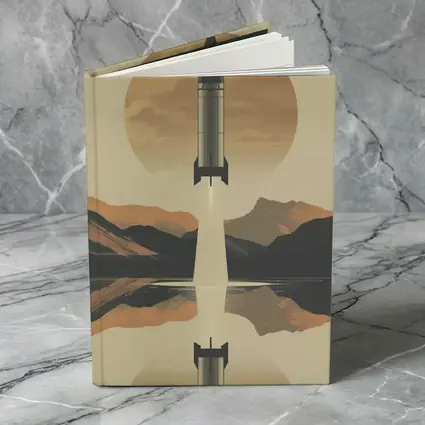 Retro Rocket Launch Mountain Lake Reflection