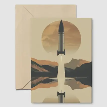 Retro Rocket Launch Mountain Lake Reflection