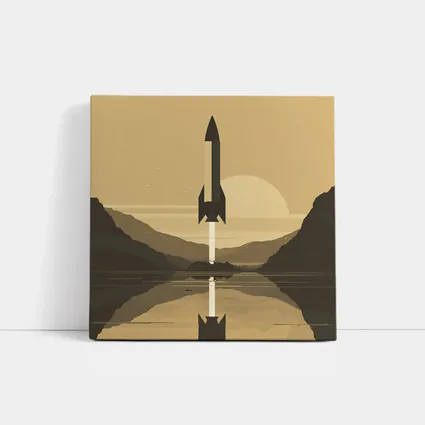 Retro Rocket Launch Mountain Lake Minimal Art