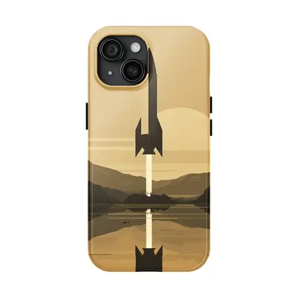 Retro Rocket Launch Mountain Lake Minimal Art